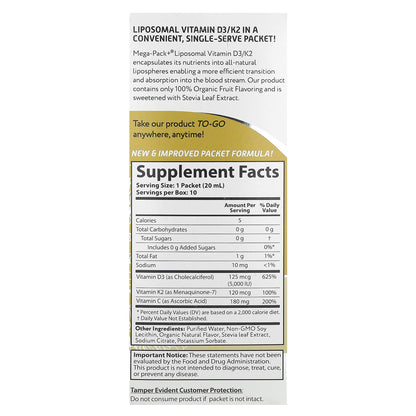 Aurora Nutrascience, Liposomal Vitamin D3/K2, 10 Packets, 0.68 fl oz (20 ml) Each