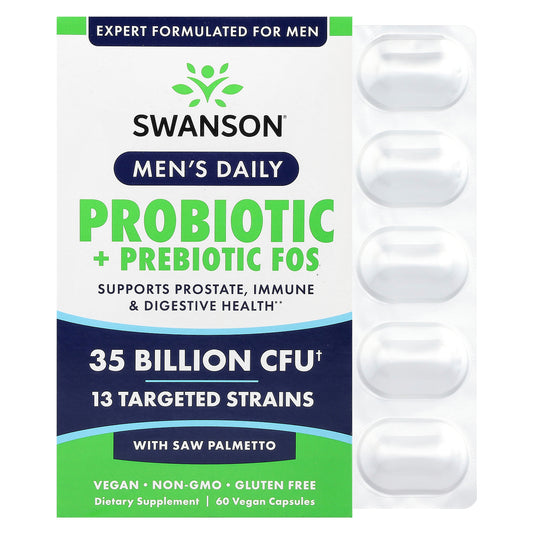 Swanson, Men's Daily, Probiotic + Prebiotics FOS With Saw Palmetto, 35 Billion CFU, 60 Vegan Capsules