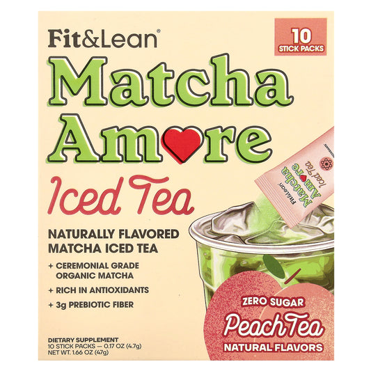 Fit & Lean, Matcha Amore Iced Tea, Peach Tea, 10 Stick Packs, 0.17 oz (4.7 g) Each