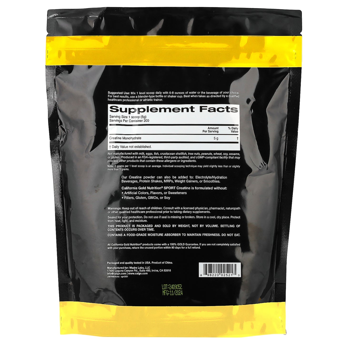 California Gold Nutrition, Sport, Creatine Monohydrate, Unflavored, 2.2 lbs (1 kg)