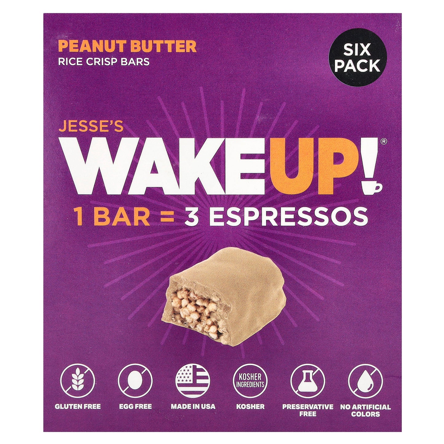 Jesse's WAKEUP!, Rice Crisp Bars, Peanut Butter, 6 Pack, 1.13 oz (32 g) Each