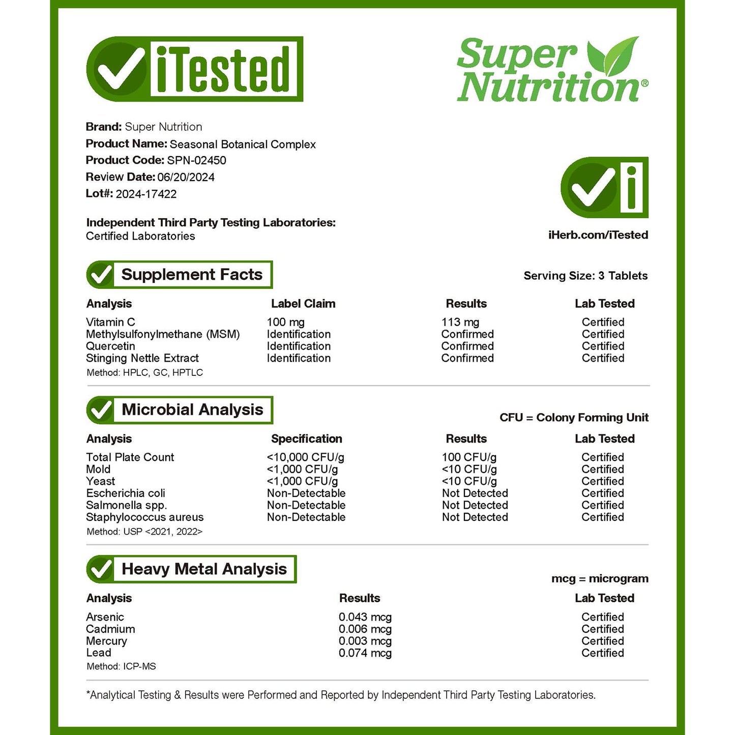 Super Nutrition, Seasonal Botanical Complex, 180 Tablets