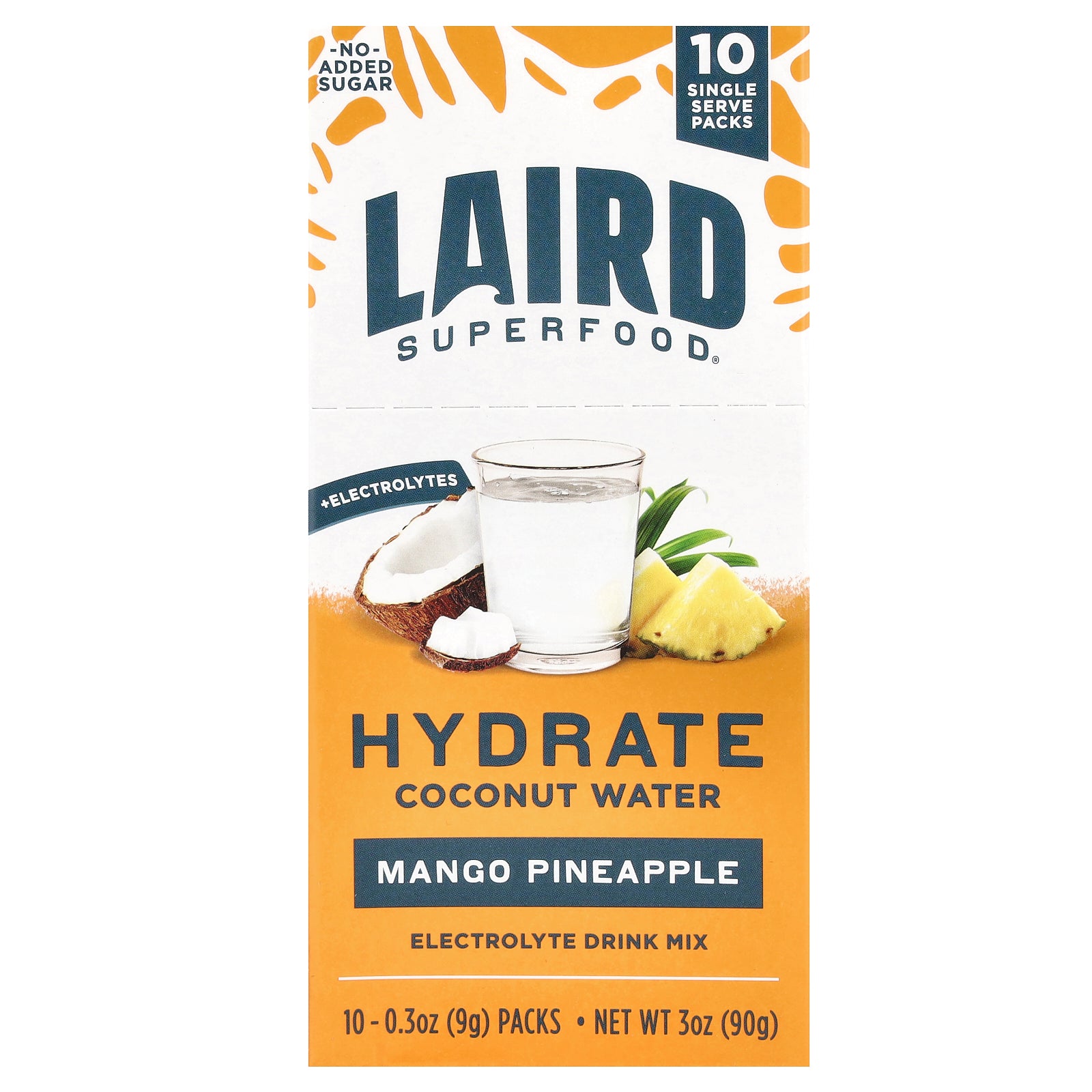 Laird Superfood, Hydrate Coconut Water, Electrolyte Drink Mix, Mango Pineapple, 10 Single Serve Packs, 0.3 oz (9 g) Each