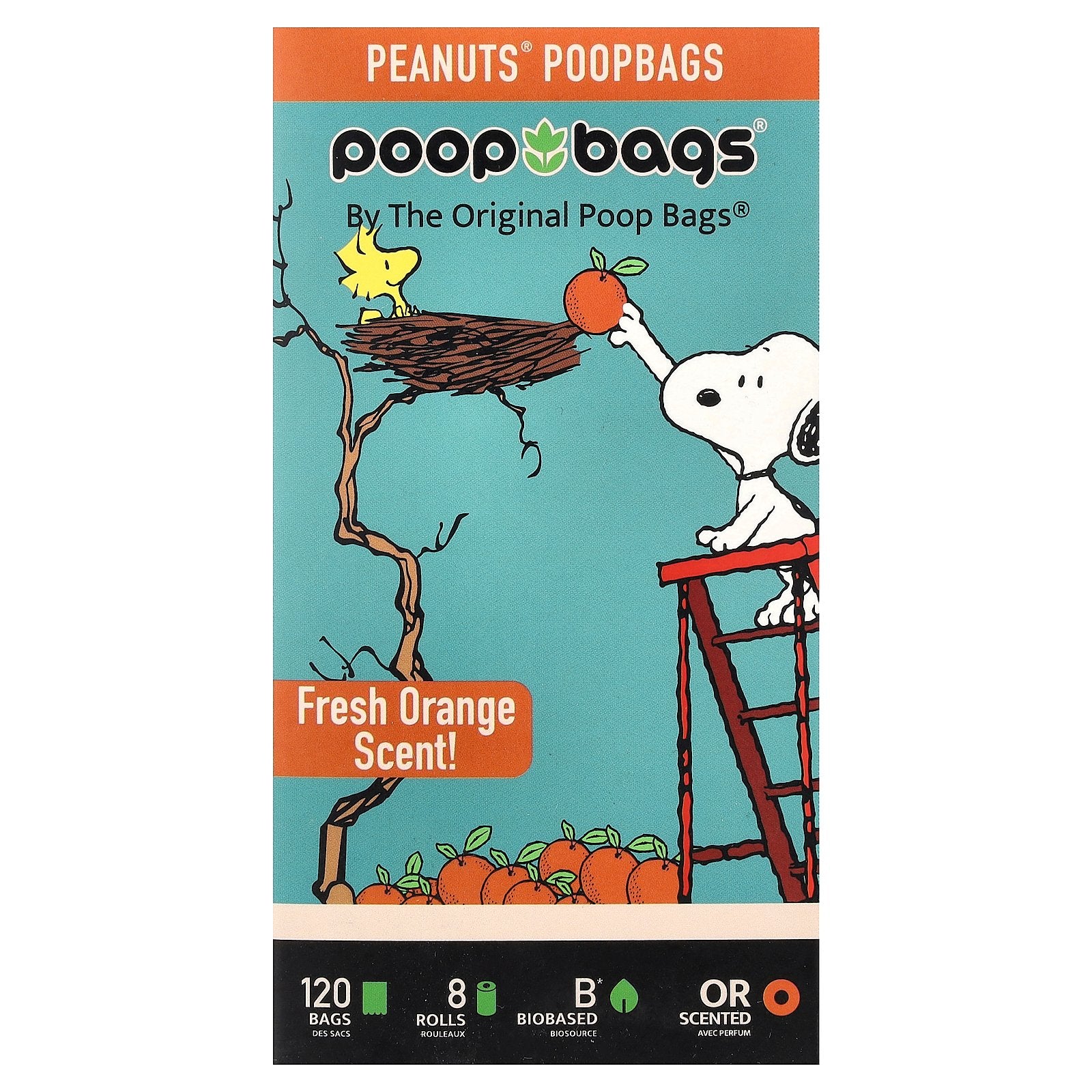 Original Poop Bags, Peanuts®, Orange, 8 Rolls, 15 Bags Each