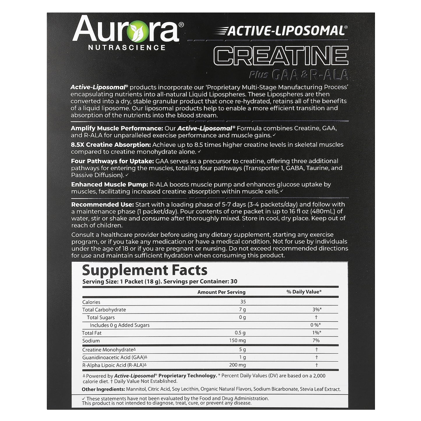 Aurora Nutrascience, Active Liposomal®, Creatine Plus GAA & R-ALA, 30 Packets, 0.63 oz (18 g) Each