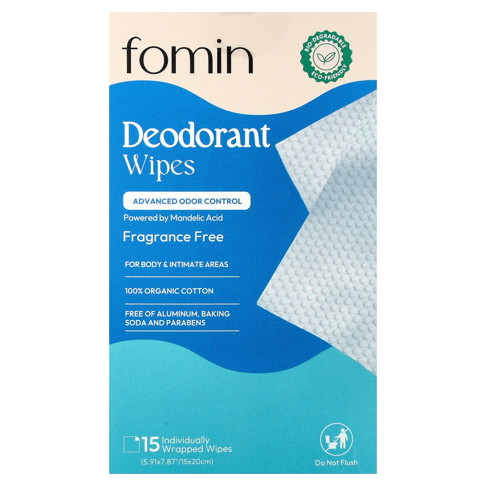 fomin, Deodorant Wipes, Fragrance Free, 15 Individually Wrapped Wipes