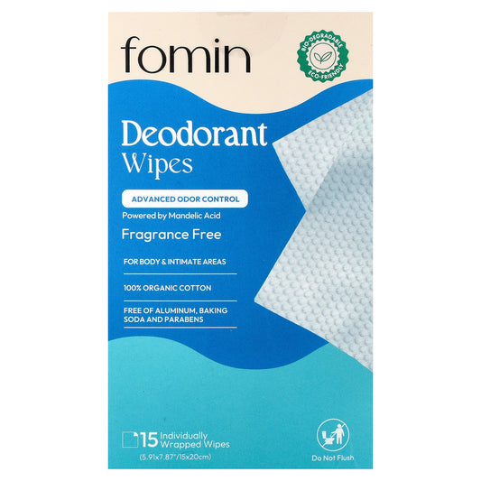 fomin, Deodorant Wipes, Fragrance Free, 15 Individually Wrapped Wipes