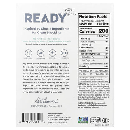 Ready, Clean Protein Bar, Dark Chocolate Sea Salt, 12 Bars, 1.98 oz (56 g) Each