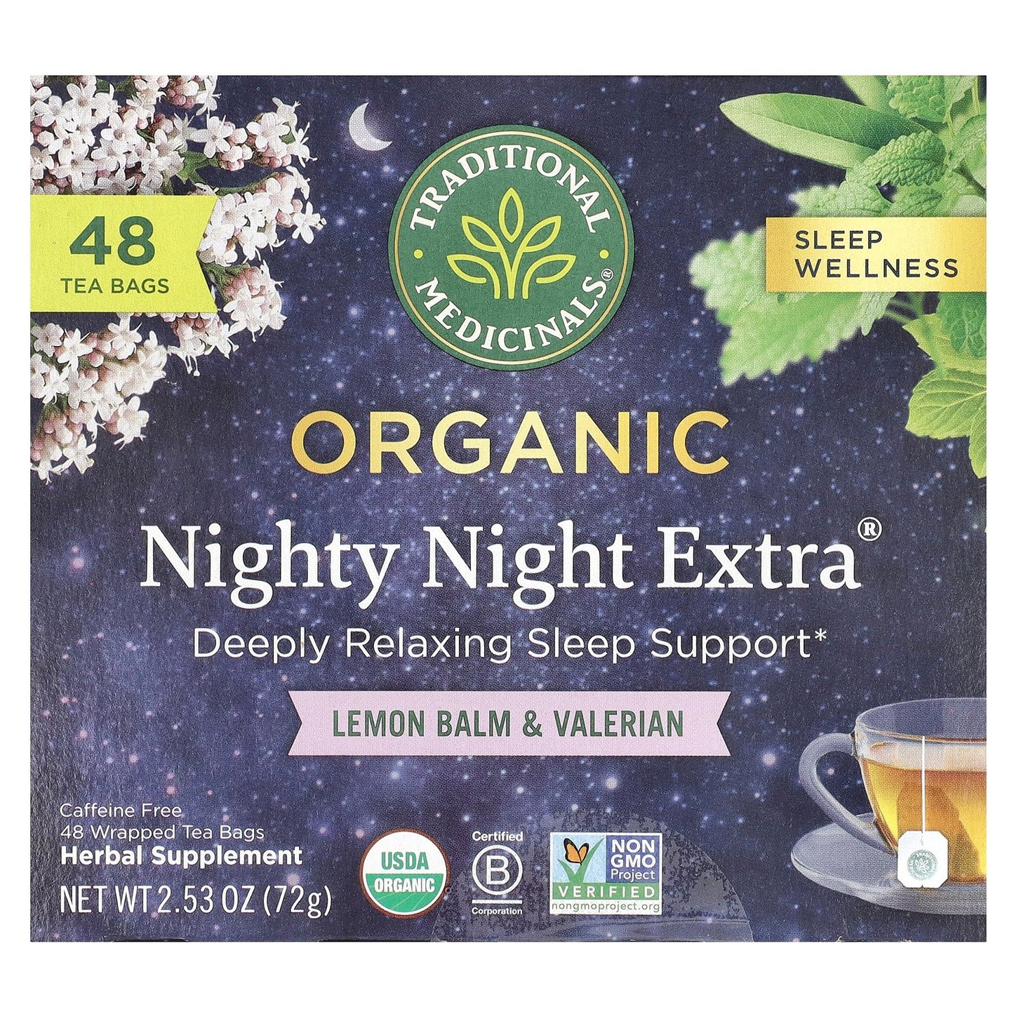 Traditional Medicinals, Organic Nighty Night Extra®, Lemon Balm & Valerian, Caffeine Free, 48 Wrapped Tea Bags, 2.53 oz (72 g)