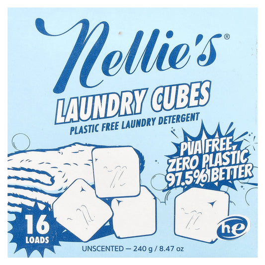 Nellie's, Laundry Cubes, Plastic Free Laundry Detergent, Unscented, 16 Loads, 8.47 oz (240 g)
