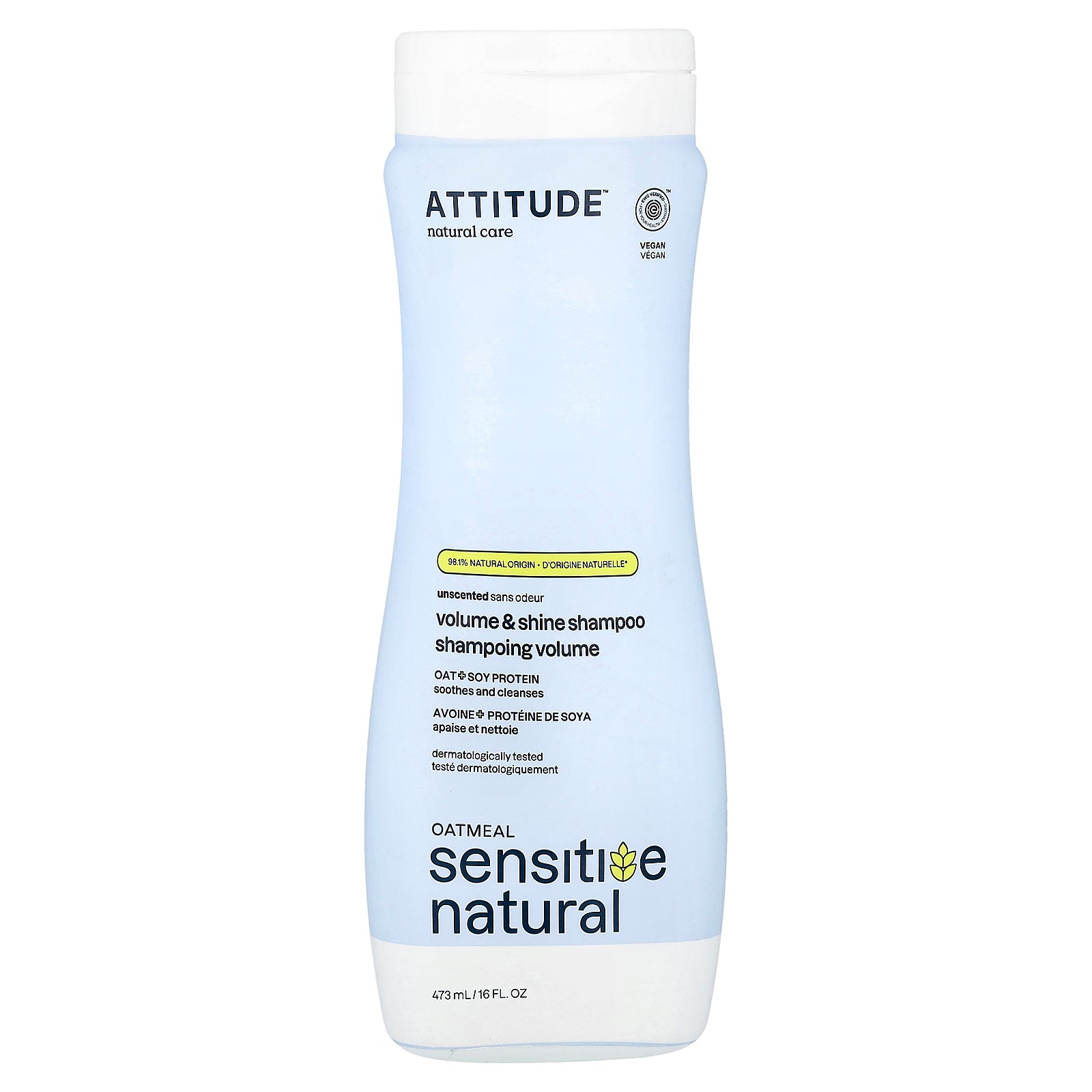 ATTITUDE, Oatmeal Sensitive Natural, Volume & Shine Shampoo, Unscented, 16 fl oz (473 ml)