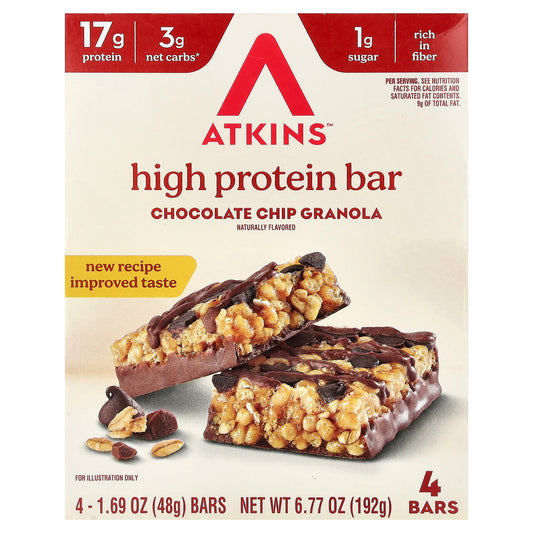Atkins, High Protein Bar, Chocolate Chip Granola, 4 Bars, 1.69 oz (48 g) Each