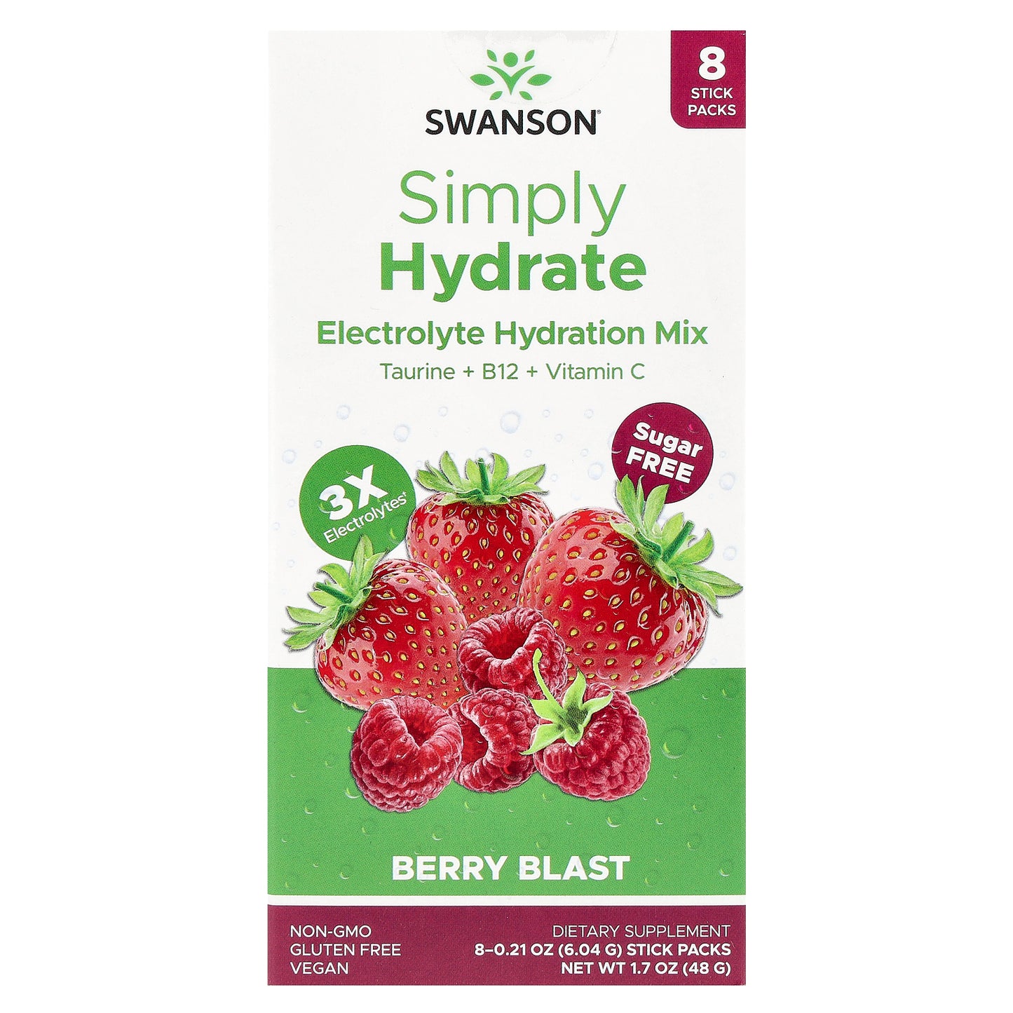 Swanson, Simply Hydrate, Electrolyte Hydration Mix, Berry Blast, 8 Stick Packs 0.21 oz (6.04 g) Each