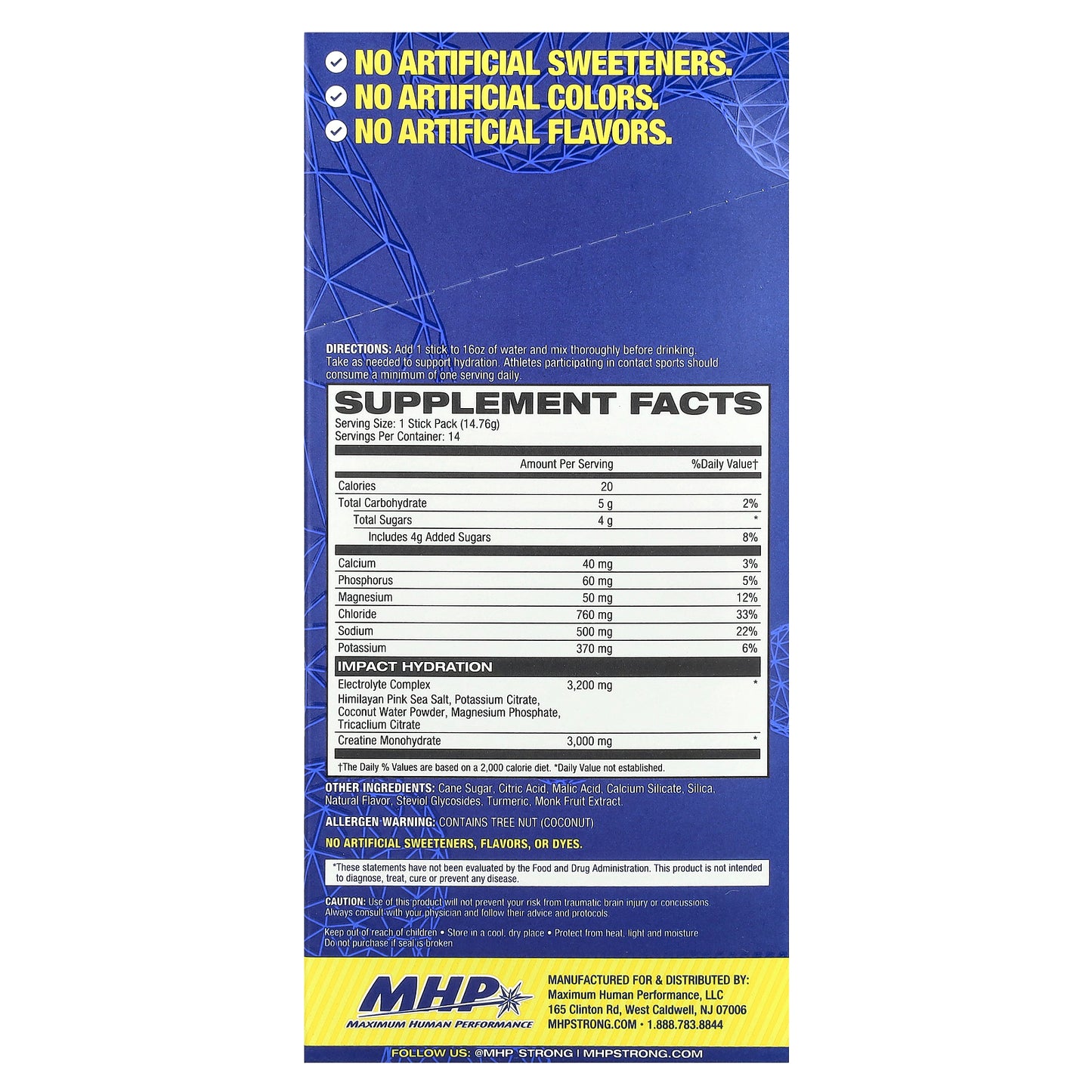 MHP, Impact Hydration, Electrolytes + Creatine, Lemon Lime , 14 Stick Packs, 0.52 oz (14.76 g) Each