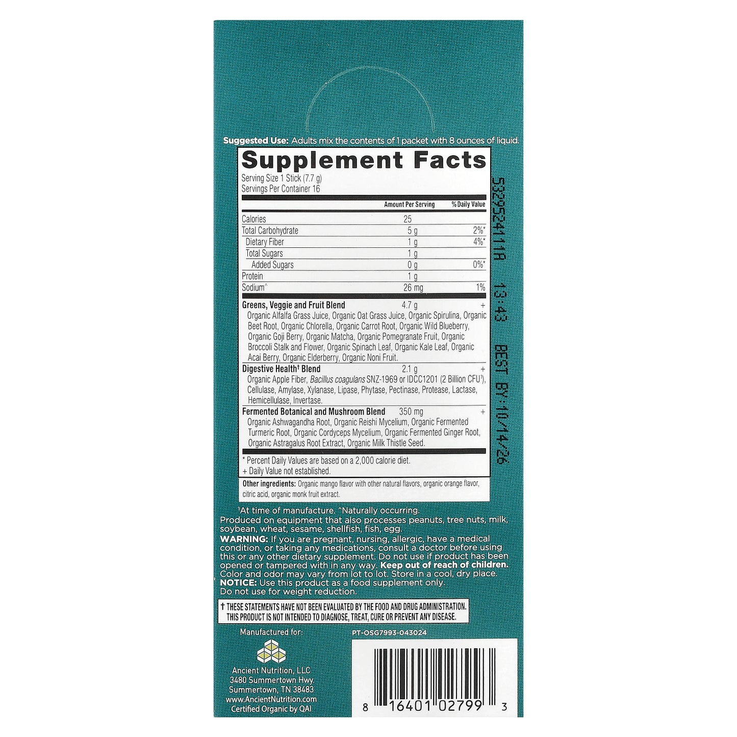 Ancient Nutrition, Organic Super Greens, Mango, 16 On-The-Go Stick Packs, 0.3 oz (7.7 g) Each