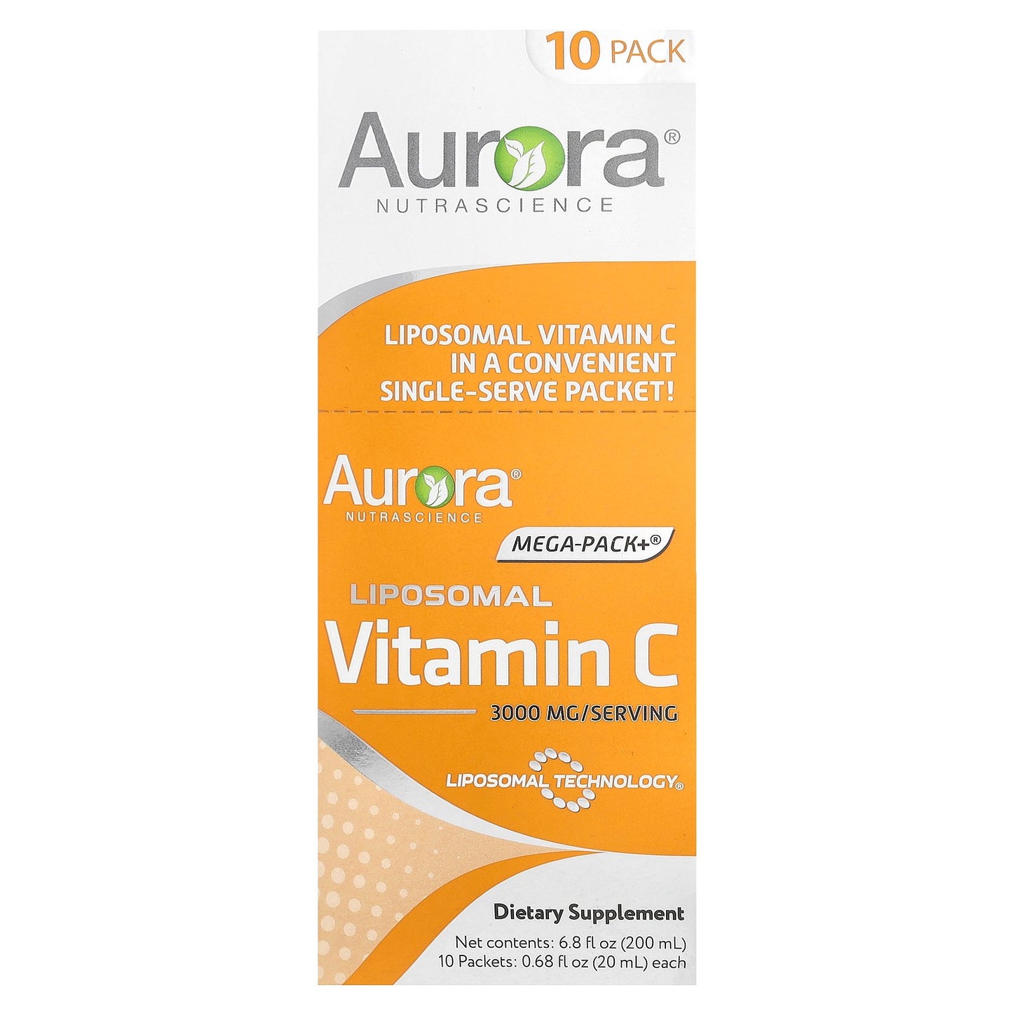 Aurora Nutrascience, Mega-Pack+®, Liposomal Vitamin C, 10 Packets, 0.68 fl oz (20 ml) Each