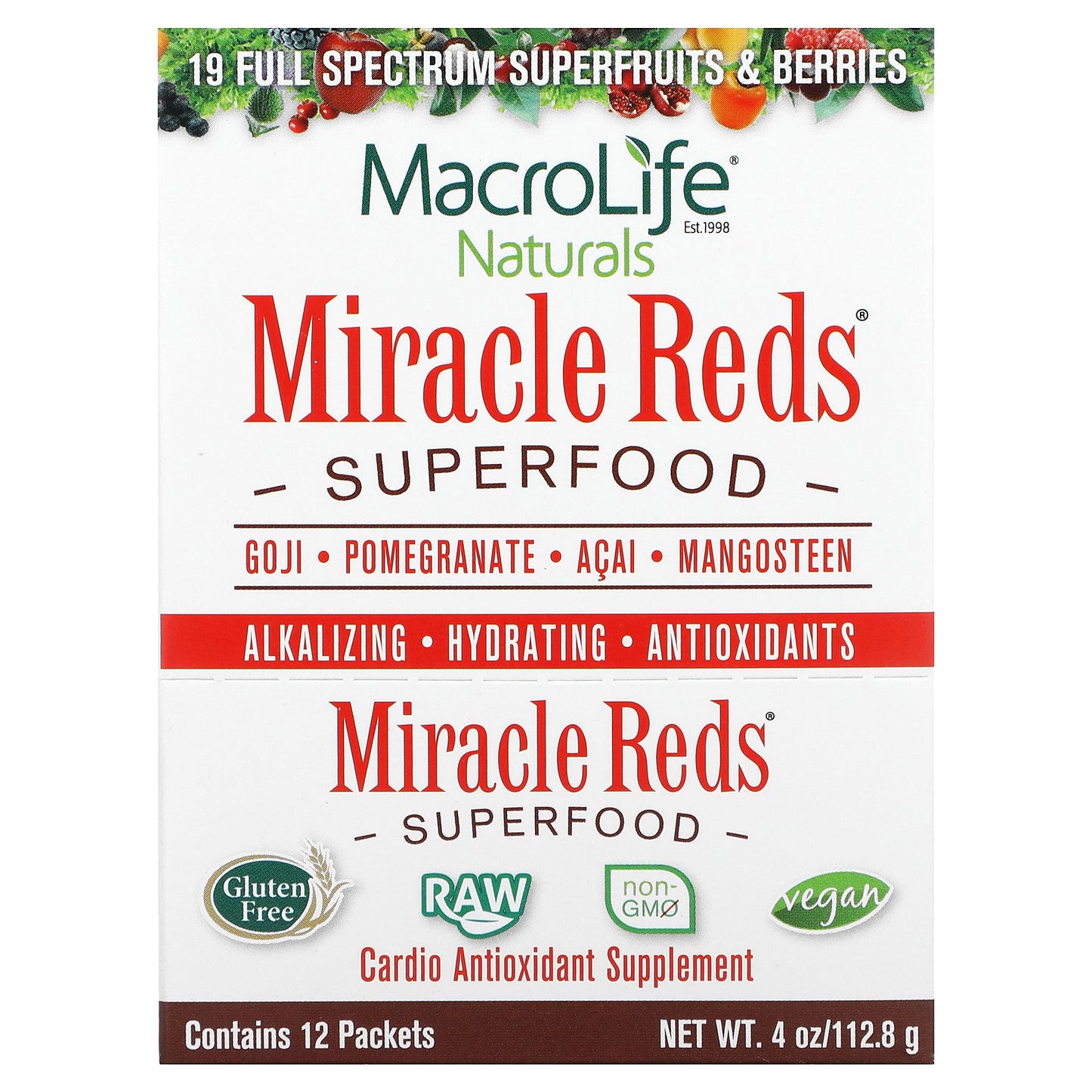 Macrolife Naturals, Miracle Reds, Superfood, Goji, Pomegranate, Acai, Mangosteen, 12 Packets, 0.3 oz (9.5 g) Each