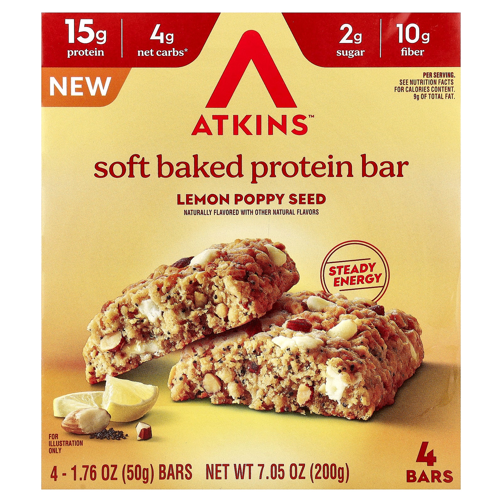 Atkins, Soft Baked Protein Bar, Lemon Poppy Seed, 4 Bars, 1.76 oz (50 g) Each