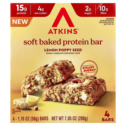 Atkins, Soft Baked Protein Bar, Lemon Poppy Seed, 4 Bars, 1.76 oz (50 g) Each