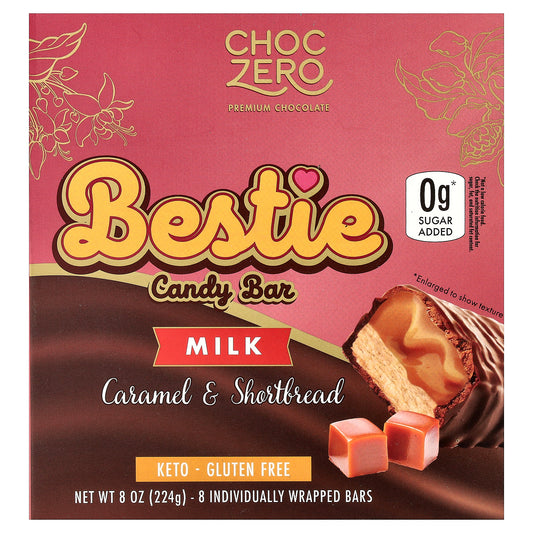 ChocZero, Bestie Candy Bar, Milk, Caramel & Shortbread, 8 Individually Wrapped Bars, 1 oz (28 g) Each