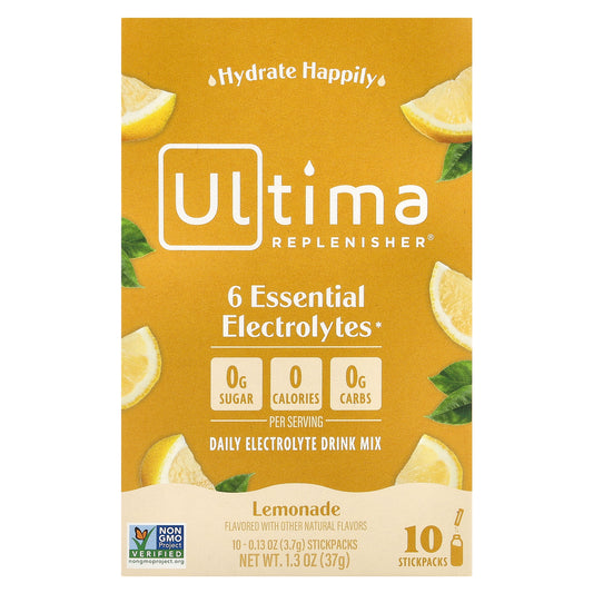 Ultima Replenisher, 6 Essential Electrolytes, Daily Electrolyte Drink Mix, Lemonade, 10 Stickpacks, 0.13 oz (3.7 g) Each