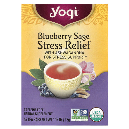 Yogi Tea, Stress Relief, Blueberry Sage, Caffeine Free, 16 Tea Bags, 1.12 oz (32 g)