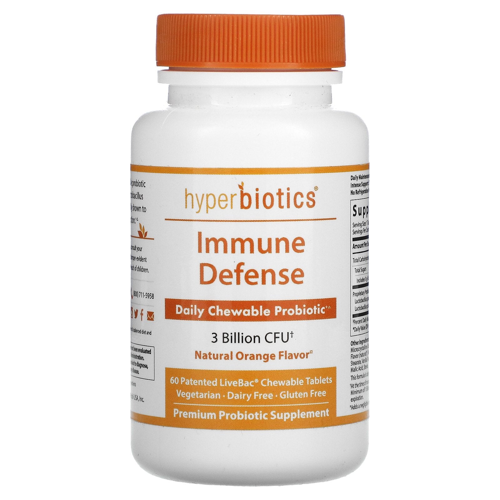 Hyperbiotics, Immune Defense, Daily Chewable Probiotic, Natural Orange, 3 Billion CFU, 60 Chewable Tablets