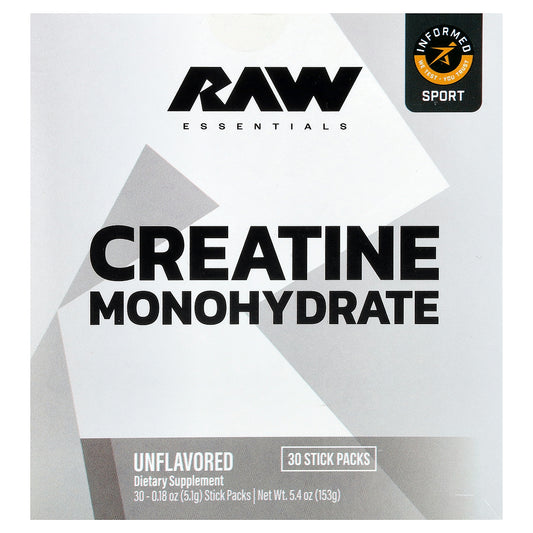 Raw Nutrition, Essentials, Creatine Monohydrate, Unflavored, 30 Stick Packs, 0.18 oz (5.1 g) Each