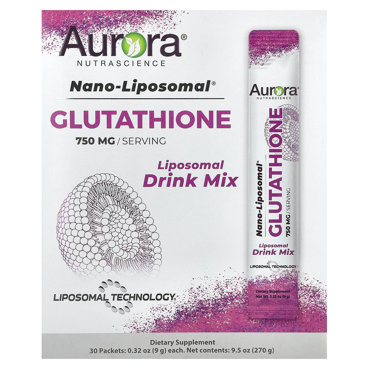 Aurora Nutrascience, Nano-Liposomal, Glutathione, Liposomal Drink Mix, 750 mg, 30 Packets, 0.32 oz (9 g) Each