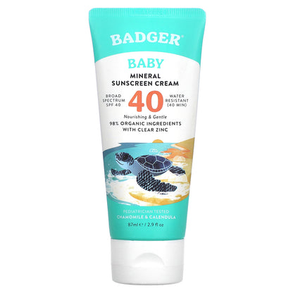 Badger, Baby Mineral Sunscreen Cream, SPF 40, Chamomile & Calendula,  2.9 fl oz (87 ml)