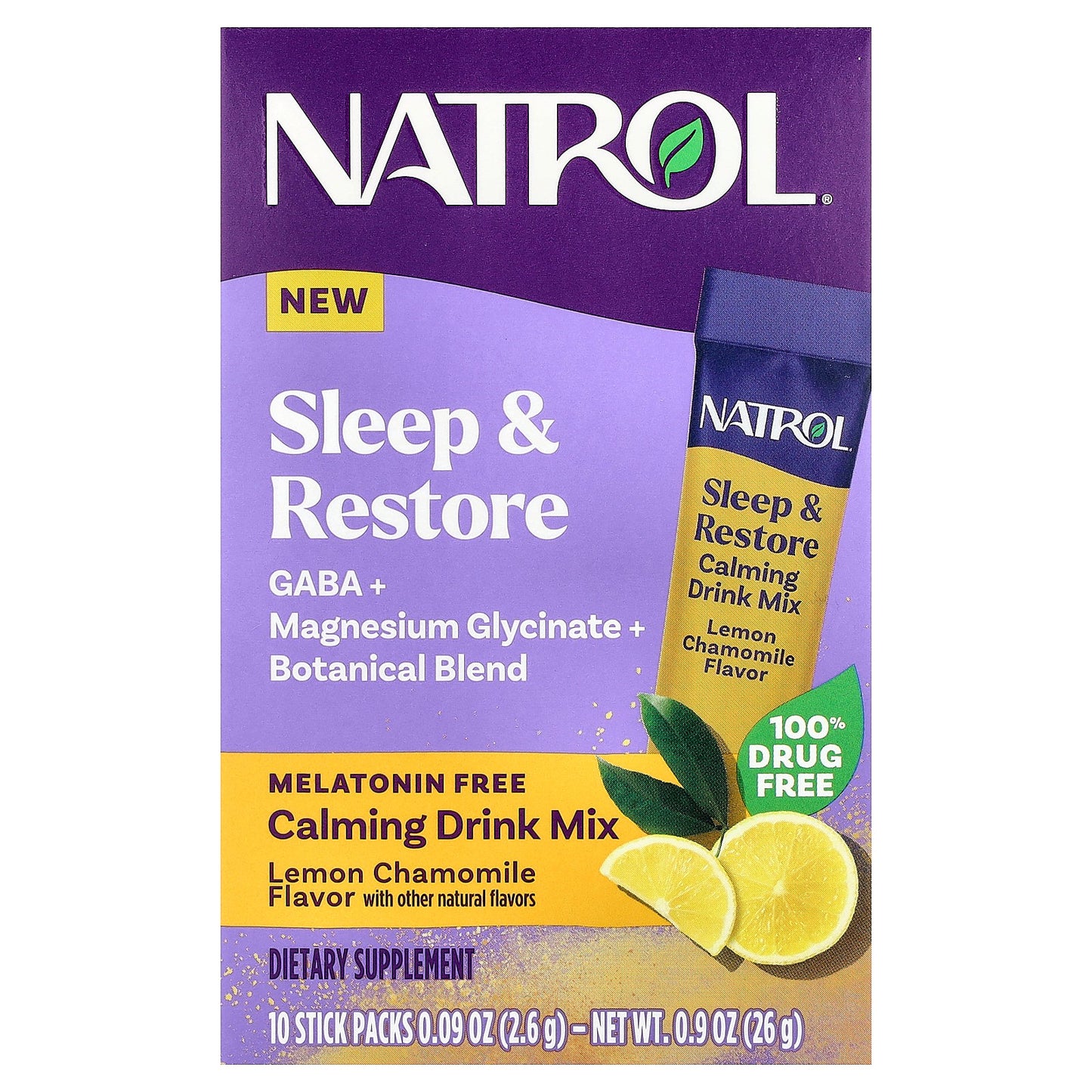 Natrol, Sleep & Restore, Calming Drink Mix, Melatonin Free, Lemon Chamomile, 10 Stick Packs, 0.09 oz (2.6 g) Each