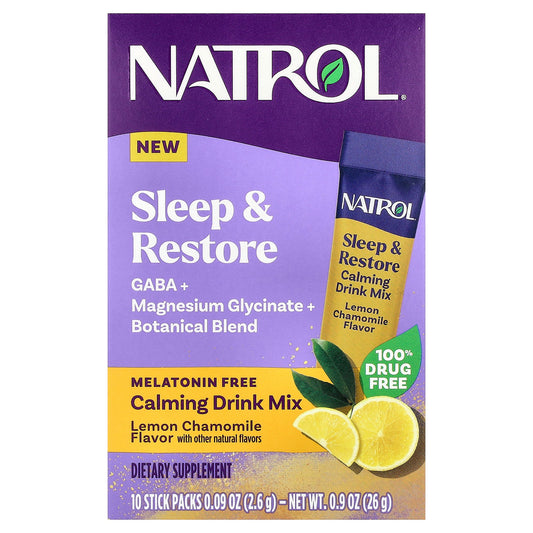 Natrol, Sleep & Restore, Calming Drink Mix, Melatonin Free, Lemon Chamomile, 10 Stick Packs, 0.09 oz (2.6 g) Each
