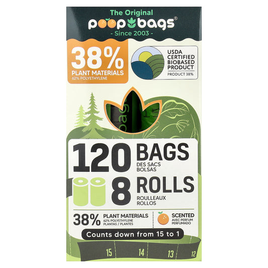 Original Poop Bags, Orange, 8 Rolls, 15 Bags Each