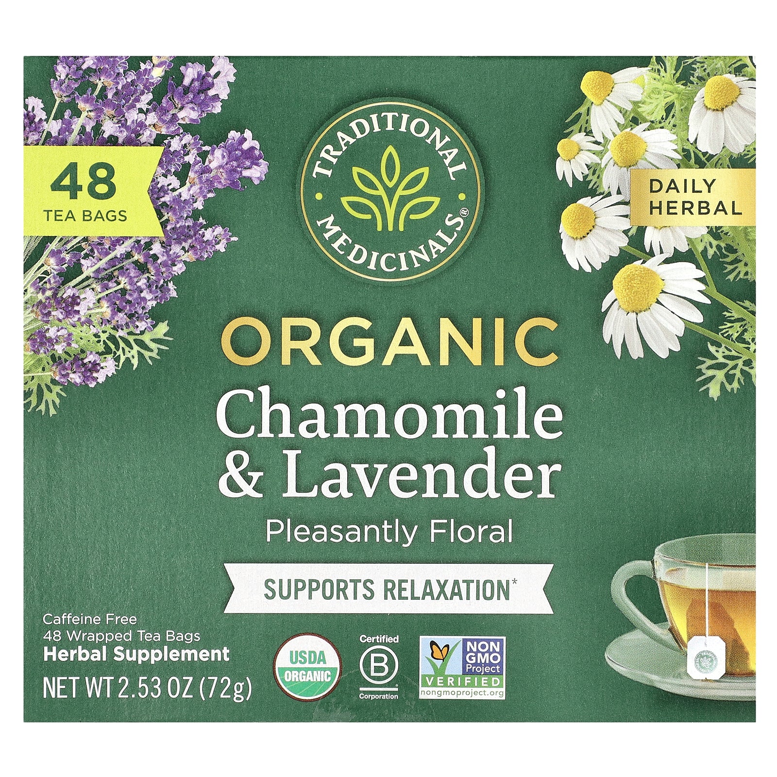 Traditional Medicinals, Herbal Tea, Organic Chamomile & Lavender, Caffeine Free, 48 Wrapped Tea Bags, 2.53 oz (72 g)