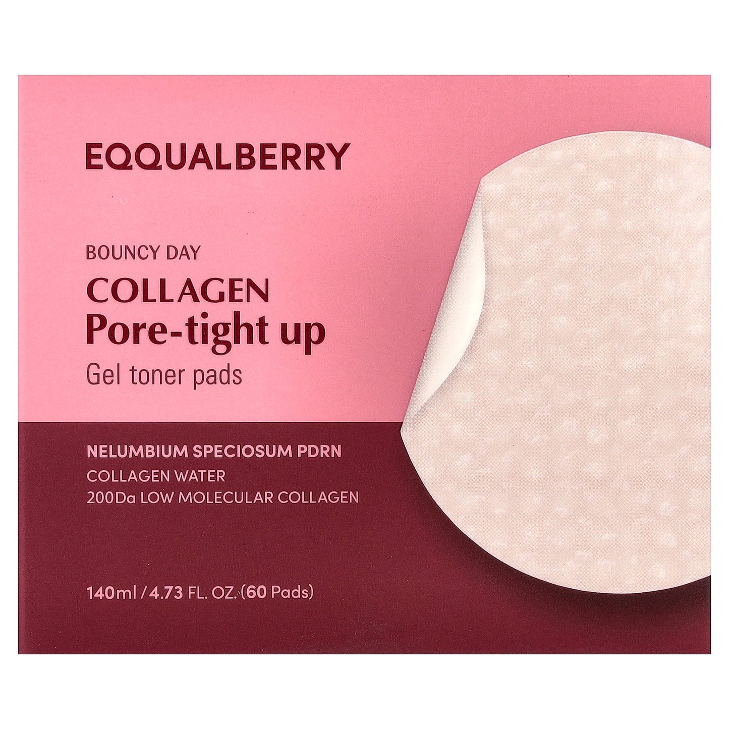 EQQUALBERRY, Bouncy Day, Collagen Pore-Tight Up, Gel Toner Pads, 60 Pads