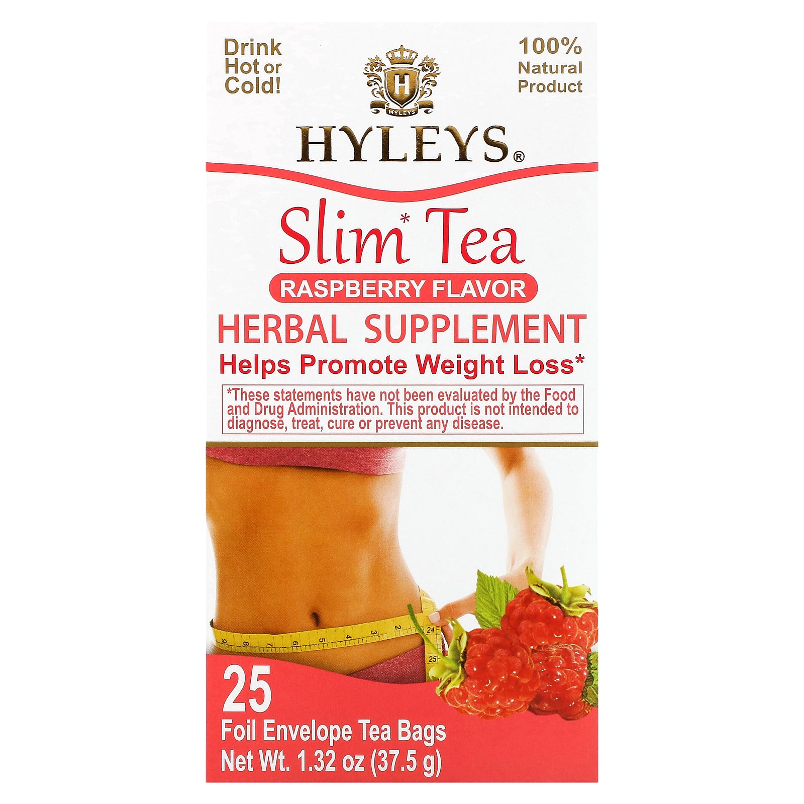 Hyleys Tea, Slim Tea, Raspberry, 25 Foil Envelope Tea Bags, 0.05 oz (1.5 g) Each