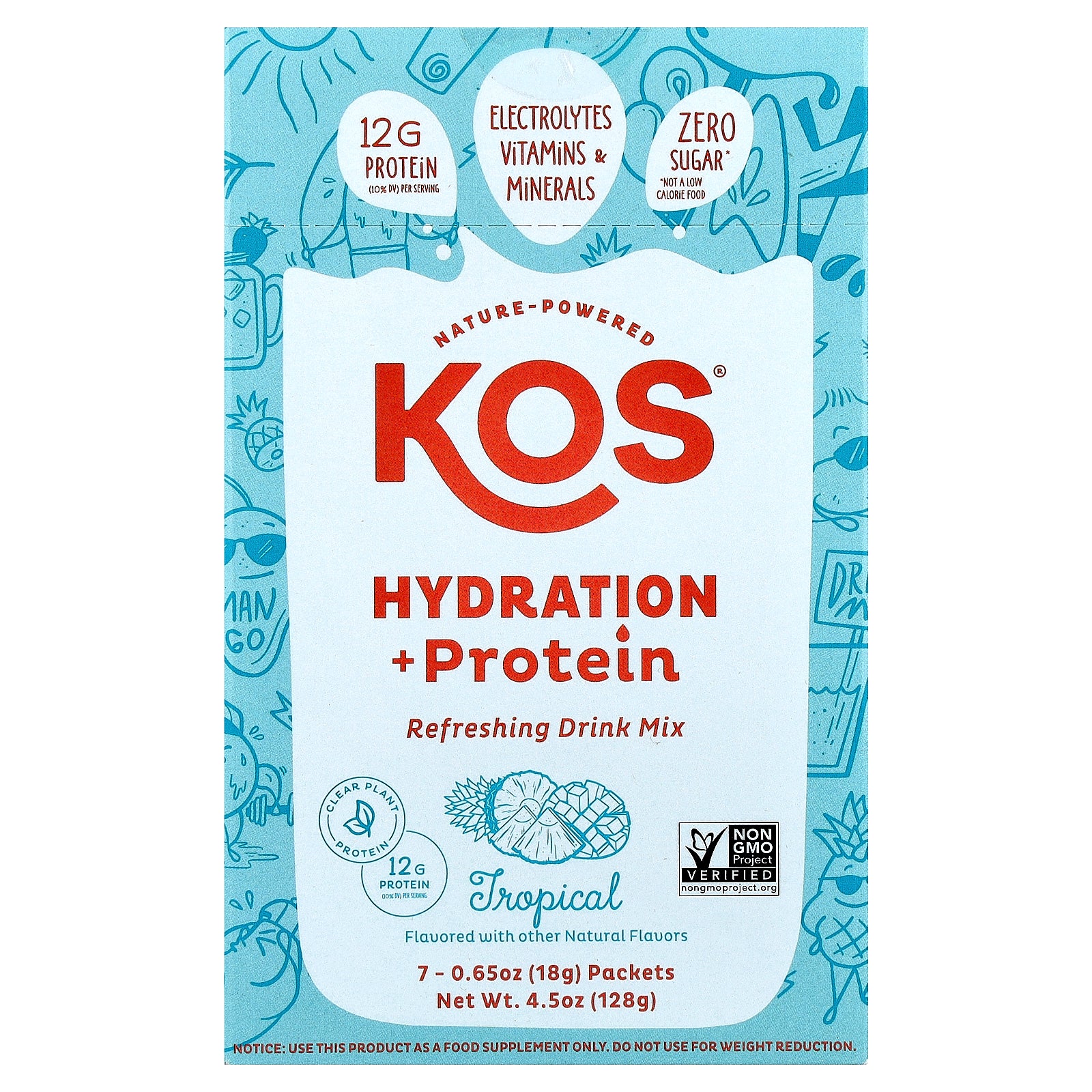 KOS, Hydration + Protein, Refreshing Drink Mix, Tropical , 7 Packets, 0.65 oz (18 g) Each