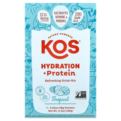 KOS, Hydration + Protein, Refreshing Drink Mix, Tropical , 7 Packets, 0.65 oz (18 g) Each