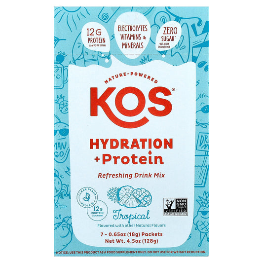 KOS, Hydration + Protein, Refreshing Drink Mix, Tropical , 7 Packets, 0.65 oz (18 g) Each