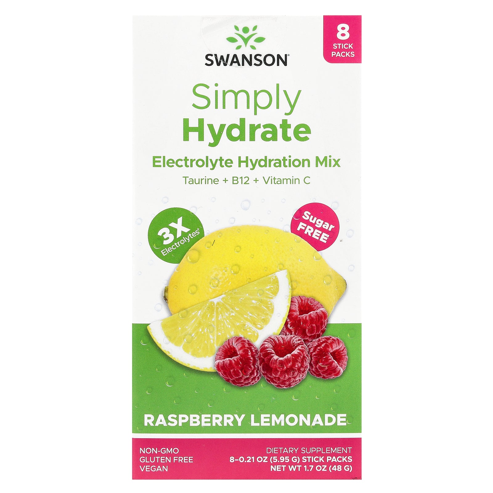 Swanson, Simply Hydrate, Electrolyte Hydration Mix, Raspberry Lemonade, 8 Stick Packs 0.21 oz (5.95 g) Each