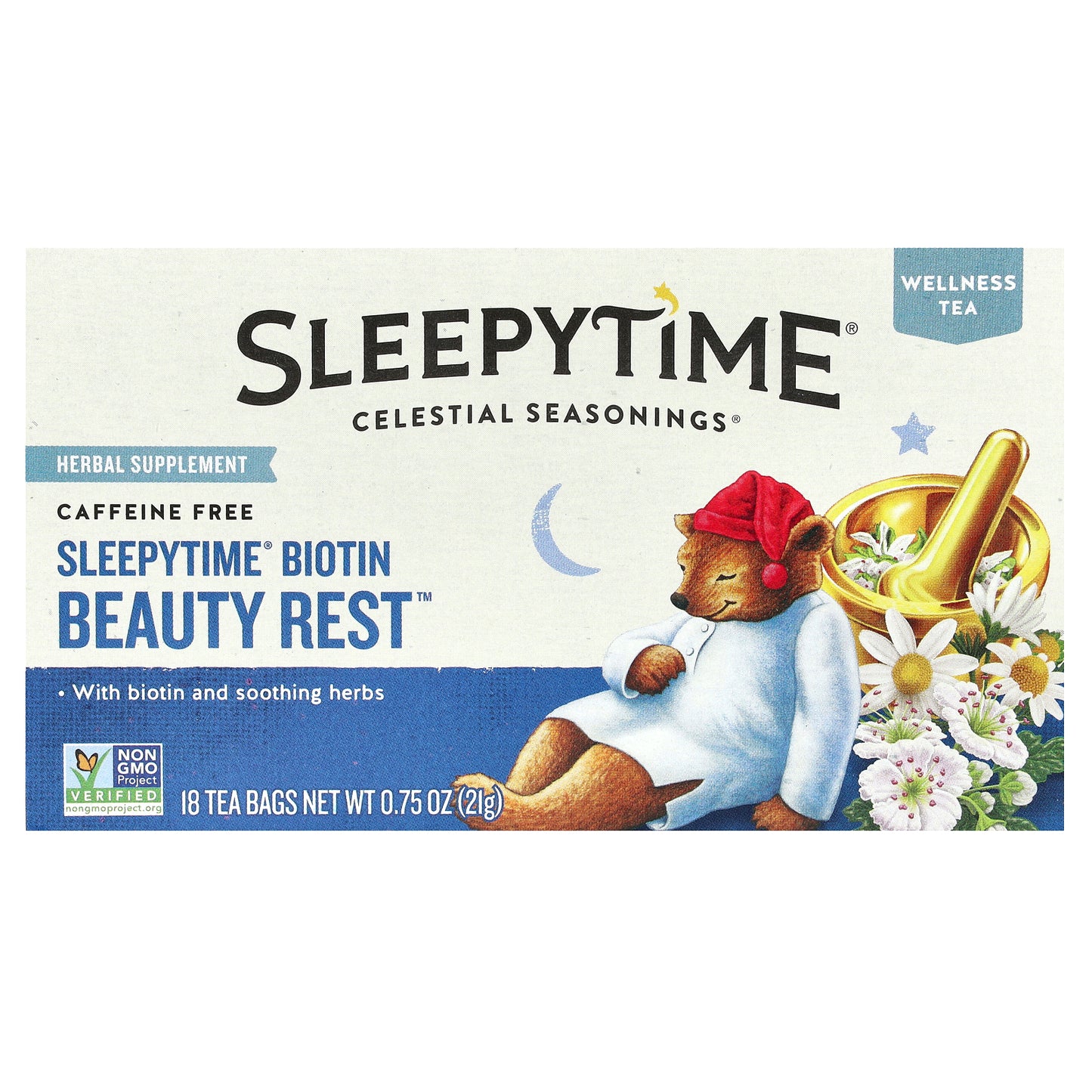 Celestial Seasonings, SleepyTime® Biotin Beauty Rest™, Caffeine Free , 18 Tea Bags, 0.75 oz (21 g)