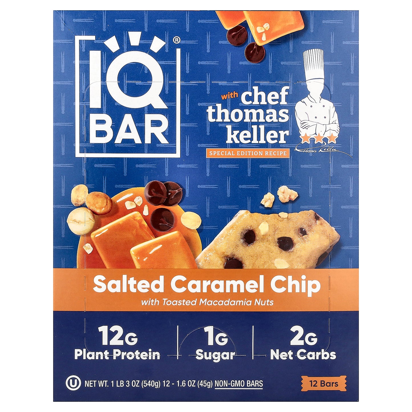 IQBAR, Plant Protein Bar, Salted Caramel Chip With Toasted Macadamia Nuts, 12 Bars, 1.6 oz (45 g) Each