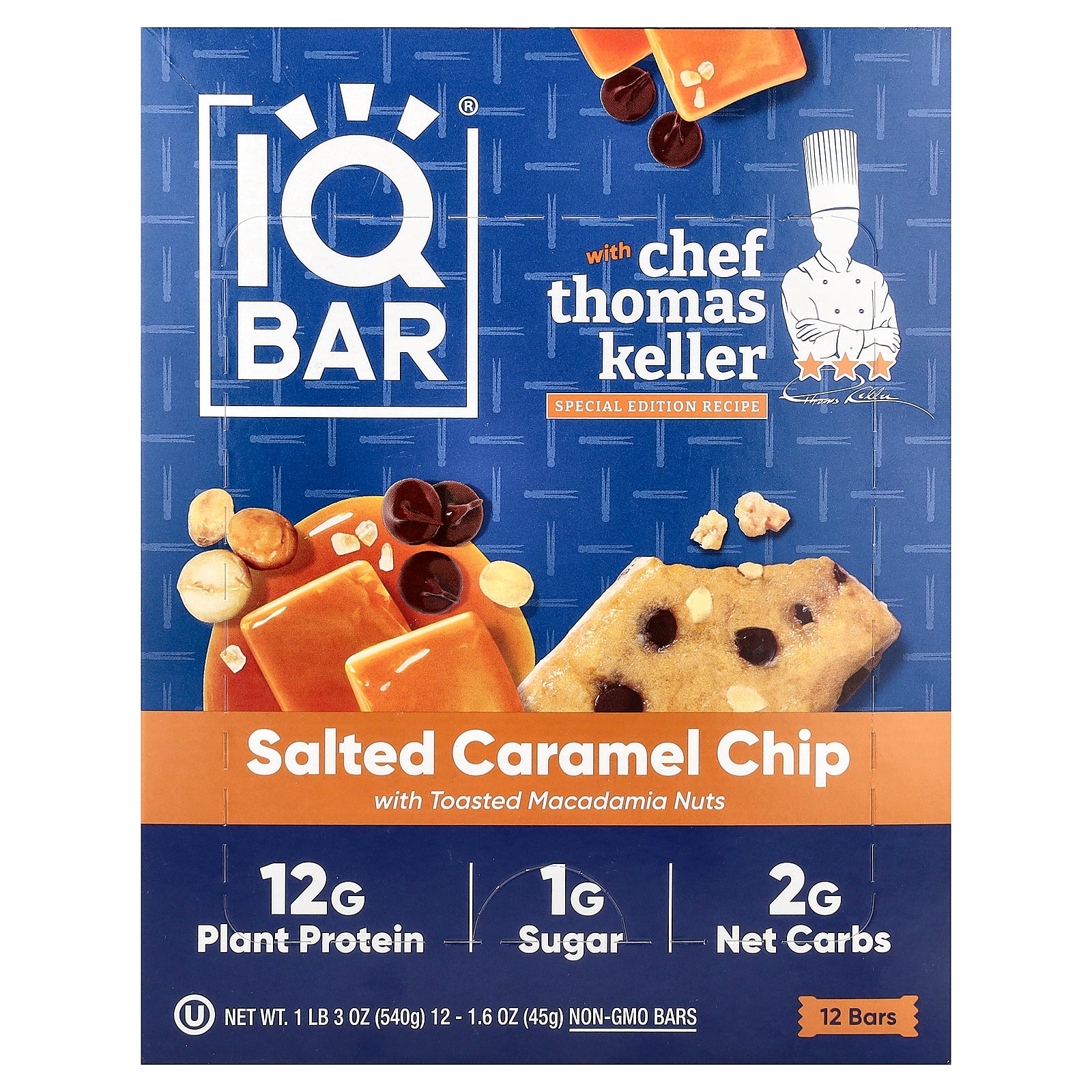 IQBAR, Plant Protein Bar, Salted Caramel Chip With Toasted Macadamia Nuts, 12 Bars, 1.6 oz (45 g) Each