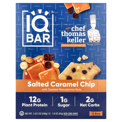 IQBAR, Plant Protein Bar, Salted Caramel Chip With Toasted Macadamia Nuts, 12 Bars, 1.6 oz (45 g) Each