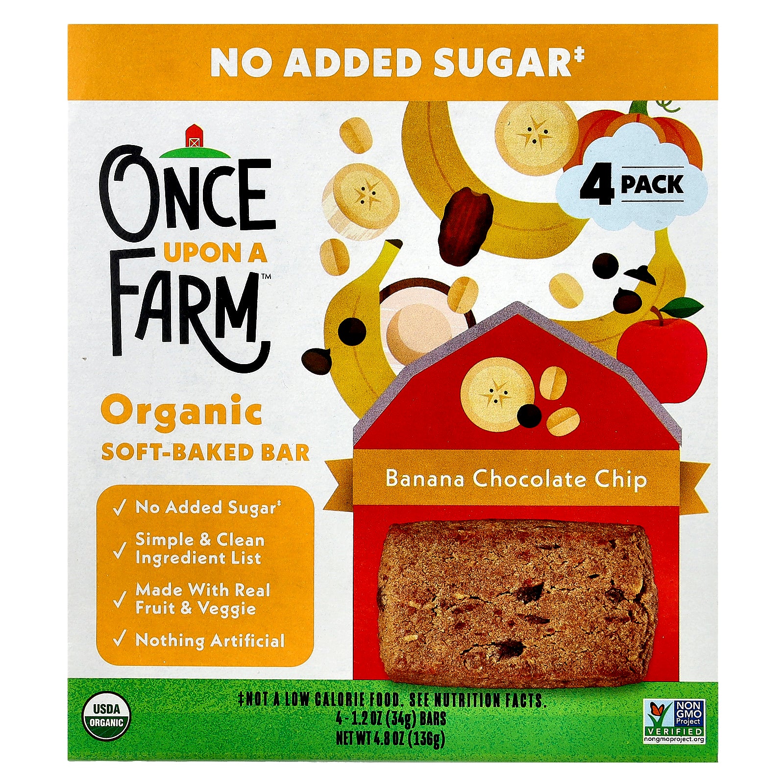 Once Upon A Farm, Organic Soft Baked Bar, Banana Chocolate Chip, 4 Bars, 1.2 oz (34 g ) Each