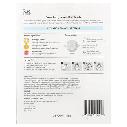 Rael, Beauty, Hydration Facial Beauty Sheet Masks, 5 Sheets, 0.84 fl oz (25 ml) Each