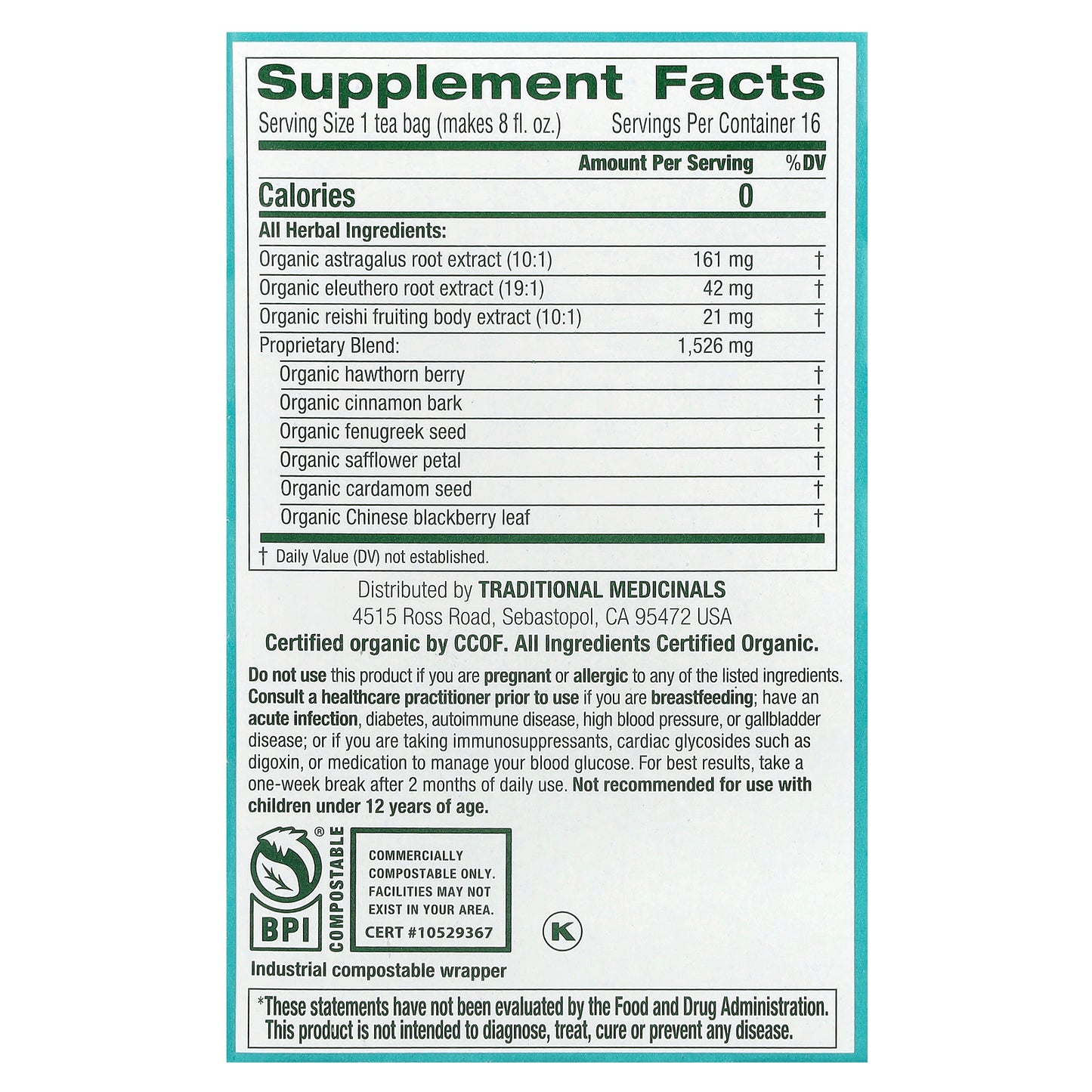 Traditional Medicinals, Organic Stress Ease® Immune, Reishi Warming Spice, Caffeine Free, 16 Wrapped Tea Bags, 0.99 oz (28 g)