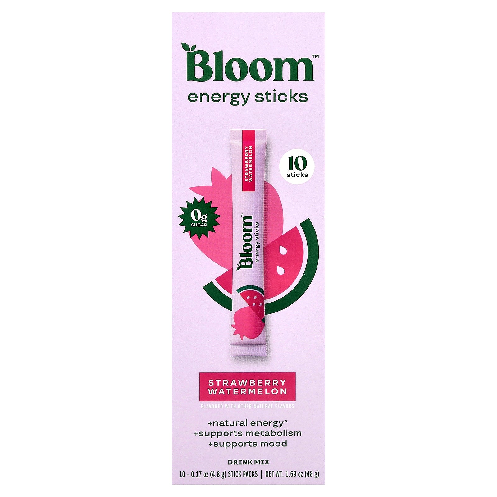 Bloom, Energy Sticks, Strawberry Watermelon, 10 Stick Packs, 0.17 oz (4.8 g) Each