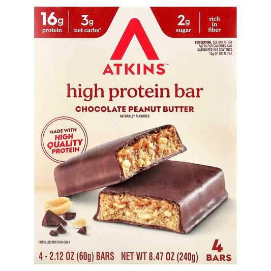 Atkins, High Protein Bar, Chocolate Peanut Butter, 4 Bars, 2.12 oz (60 g) Each