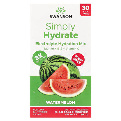 Swanson, Simply Hydrate, Electrolyte Hydration Mix, Sugar Free, Watermelon, 30 Stick Packs, 0.22 oz (6.2 g) Each